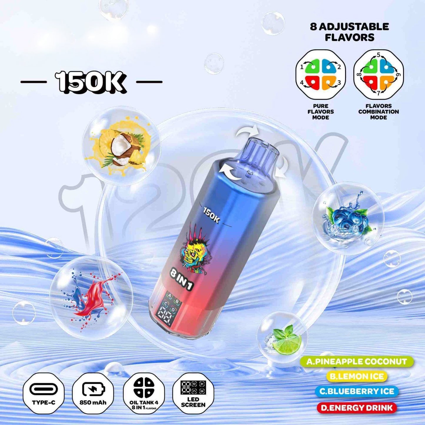 Puff 150000  Pineapple Coconut - Lemon Ice - Blueberry Ice - Energy Drink